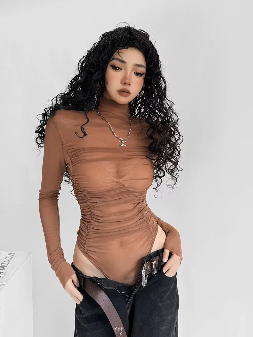 Trendy Y2k Lady Bodysuit Shirring Ruched Thin Sheer Rompers Women High