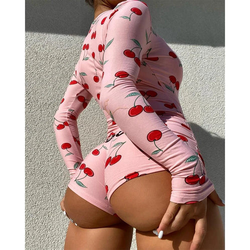 Women's Cherry Print Long Sleeve Button Front Sleep Onesie Romper,