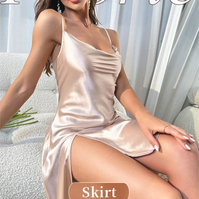 Sexy Split Women's Ice Silk Satin Pajama Dress Women's Home Clothing