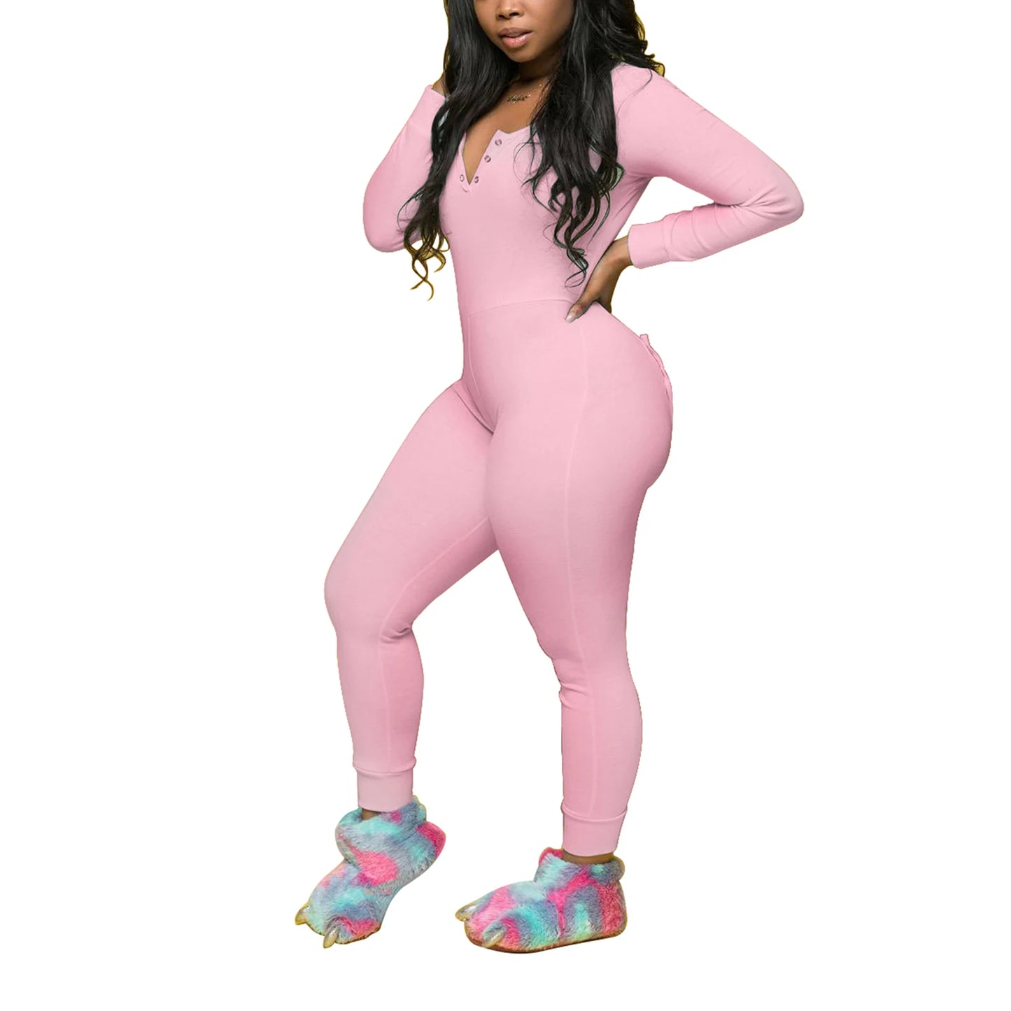 Womens Sexy V-neck Butt flap Pajamas Bodysuit Long Sleeve Stretch