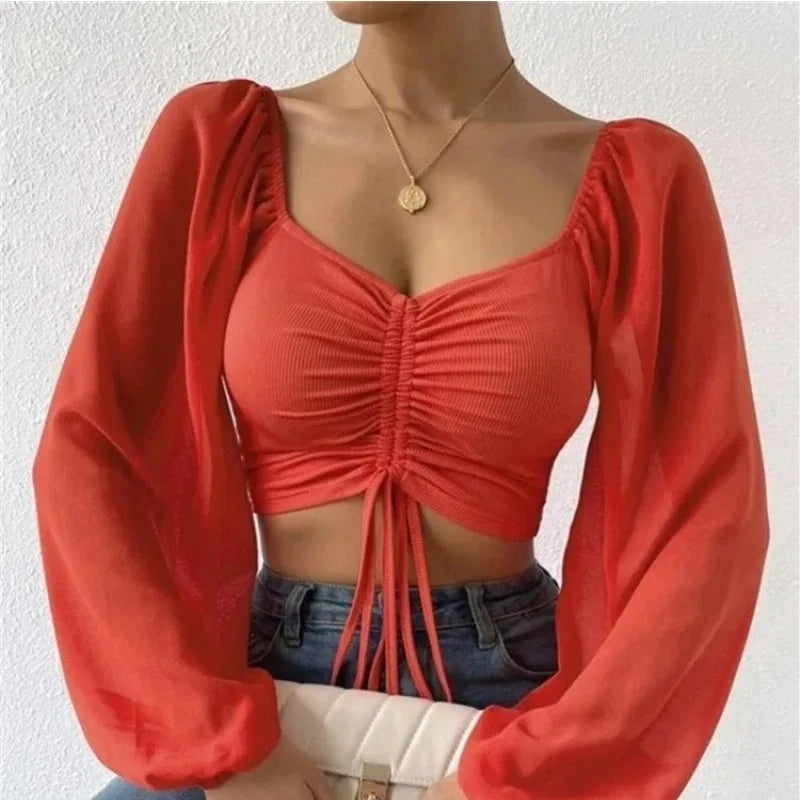 Sexy Women Mesh Lantern Sleeves Drawstring Wrap Chest Bare Midriff T