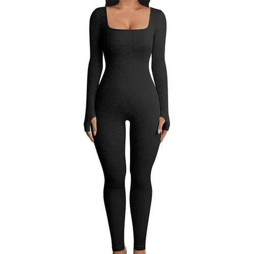 Women Skinny Jumpsuit Solid Color Ribbed Knit Long Sleeve Square Neck