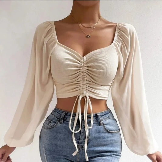 Sexy Women Mesh Lantern Sleeves Drawstring Wrap Chest Bare Midriff T