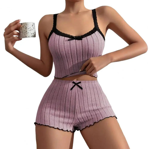 Pajama Suit Suspender Shorts Sexy Bow Print Milk Silk Suit Comfortable