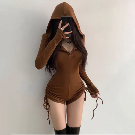 Wasteland Style Black Hooded Rompers for Women's Summer Thin Long