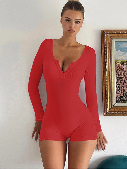 Dulzura Skinny Long Sleeve Playsuits Solid Bodycon Jumpsuits Rompers