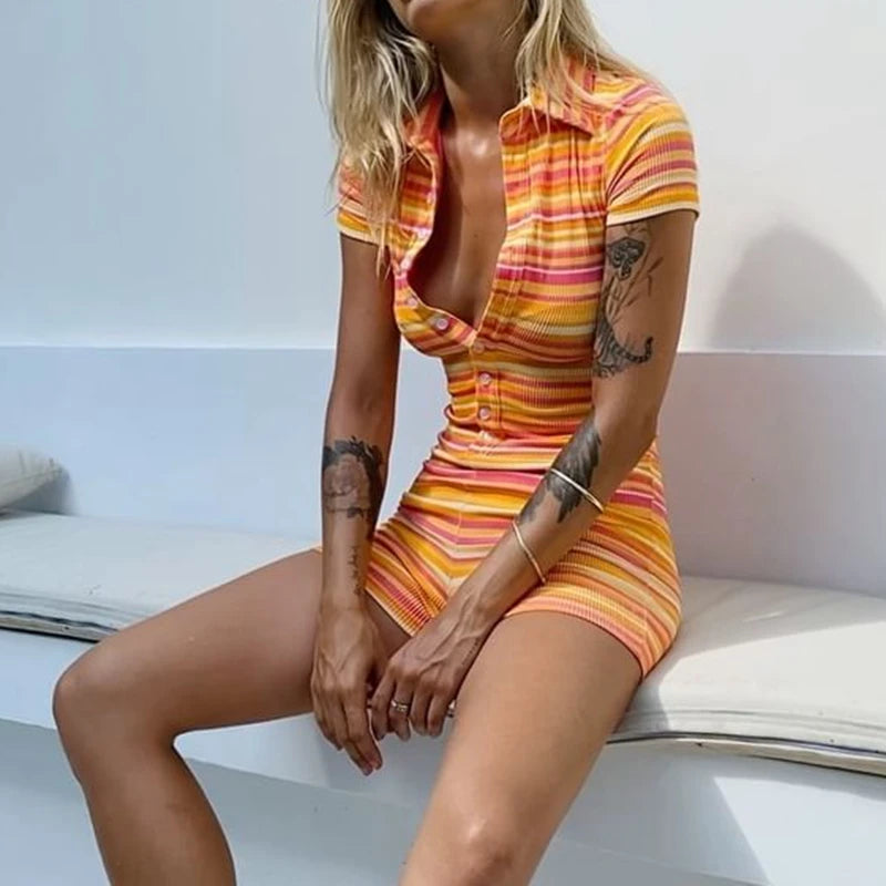 Orange Striped Casual Playsuit Button Up Short Sleeve Skinny Rompers