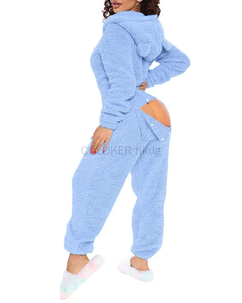 Women Jumpsuit Long Sleeve Pajama Zipper Hooded Jumpsuit Casual Winter