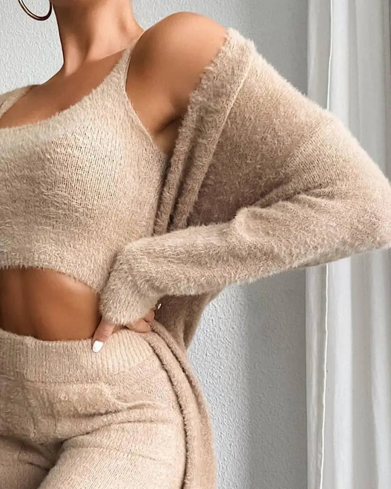 Sexy Woman Pajama Set Autumn Long-Sleeved Three-Piece Long Coat +