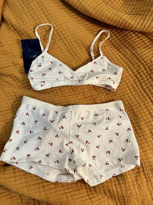 Women Cherry Print Cotton Bra Shorts 2 Pieces Set Sexy V-neck Slim