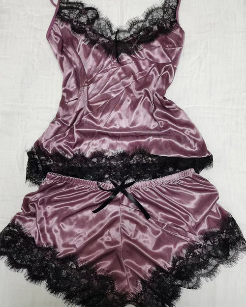 Women Pajama Suit Fashion V-Neck Stretch Satin Babydoll Lace Lingerie