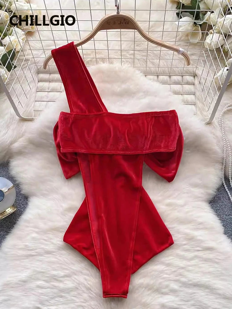 CHILLGIO Women Christmas Velour Strappy Rompers Fashion Bow Tight One