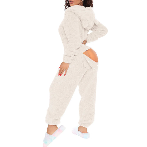 Women Jumpsuit Long Sleeve Pajama Zipper Hooded Jumpsuit Casual Winter