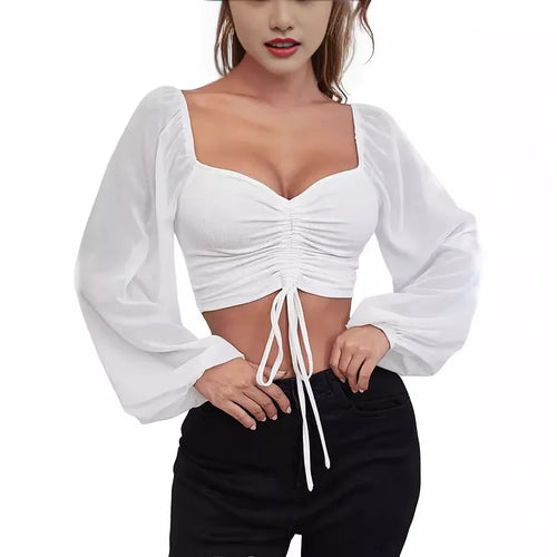 Sexy Women Mesh Lantern Sleeves Drawstring Wrap Chest Bare Midriff T