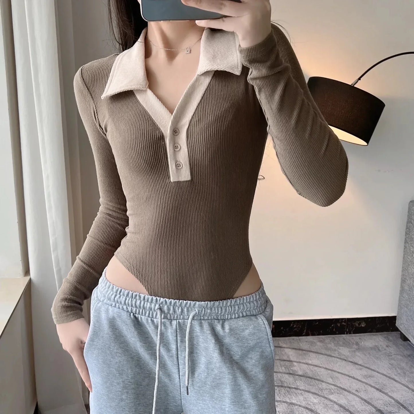 2022 Women Knit Polo Neck Onesie Playsuits Big Strethy Long Sleeve