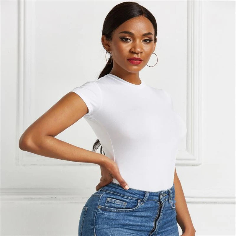 Sexy One Piece Bodycon Bodysuit Short Sleeve O Neck Open Basic White