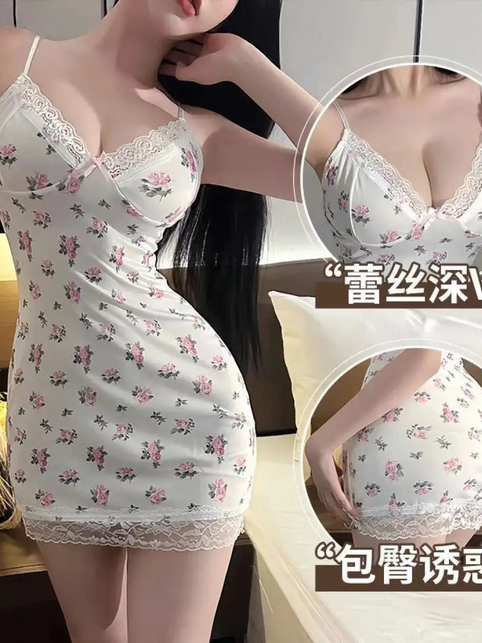 Dress Sweet Mini V Neck Lace Flower Print Sexy Lingerie Female