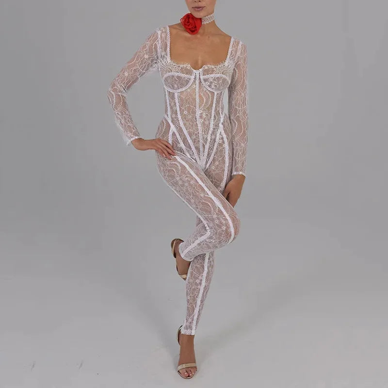 Sheer Lace Hollow Out Sexy Jumpsuits Zip Up Backless Outfits Women