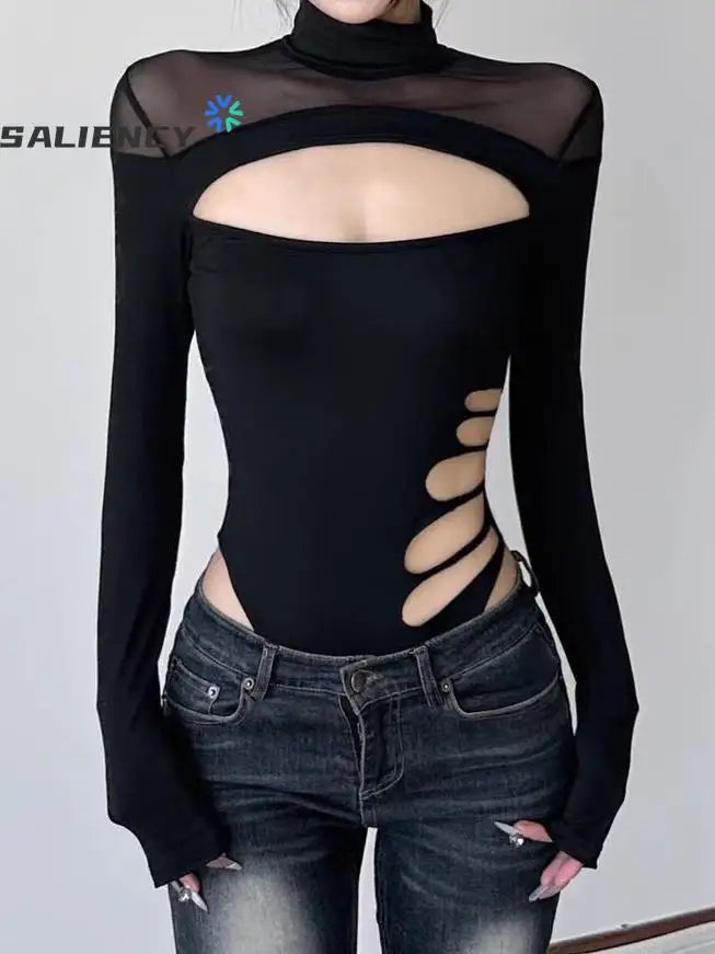 SALIENCY Sexy Fashion Hollowing Mesh See Through Onesies for Woman