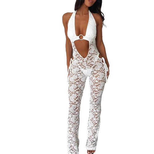 Women s Sexy See Through Jumpsuit Sheer Mesh Hollow Out Lace Bodycon