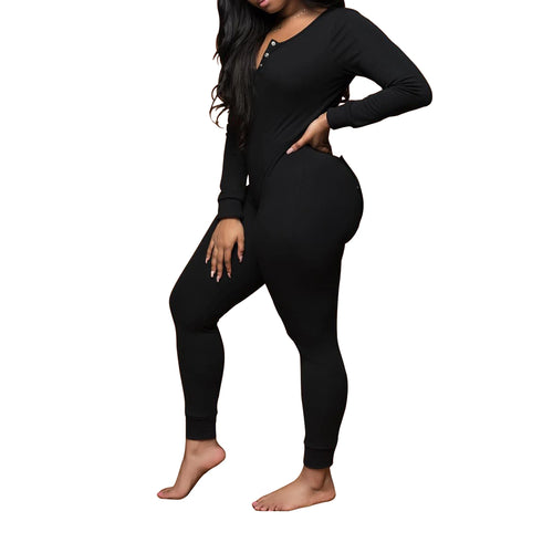 Womens Sexy V-neck Butt flap Pajamas Bodysuit Long Sleeve Stretch