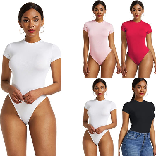 Sexy One Piece Bodycon Bodysuit Short Sleeve O Neck Open Basic White