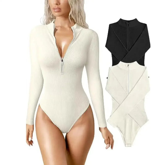 Onesie Sexy Ribbed Onesie Front Zipper Long Sleeve Bodysuits Women