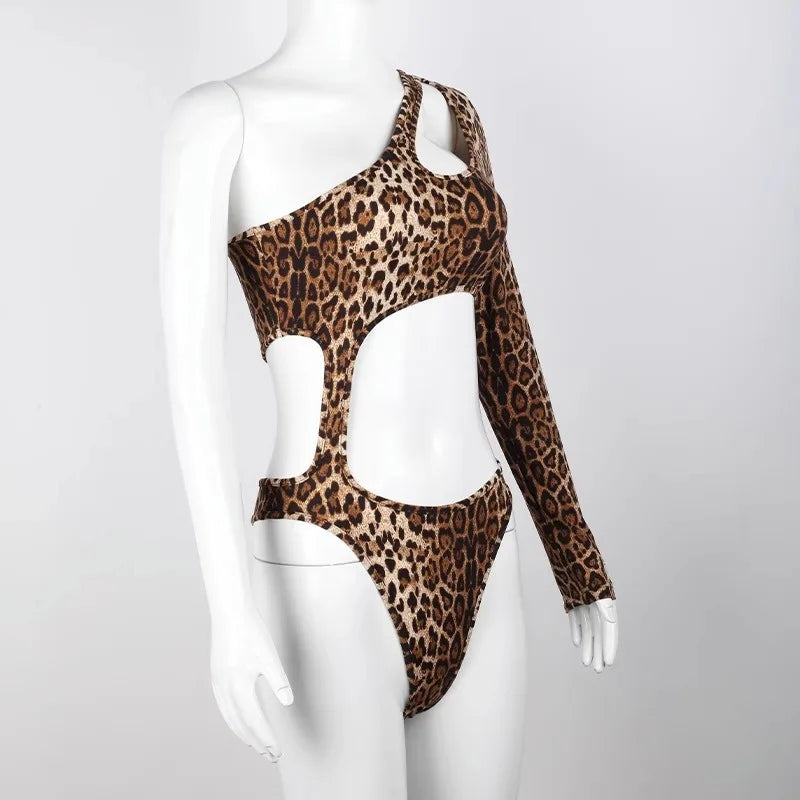 Fashion Sexy Leopard Long Sleeved Hollow Jumpsuit Backless Bodysuit