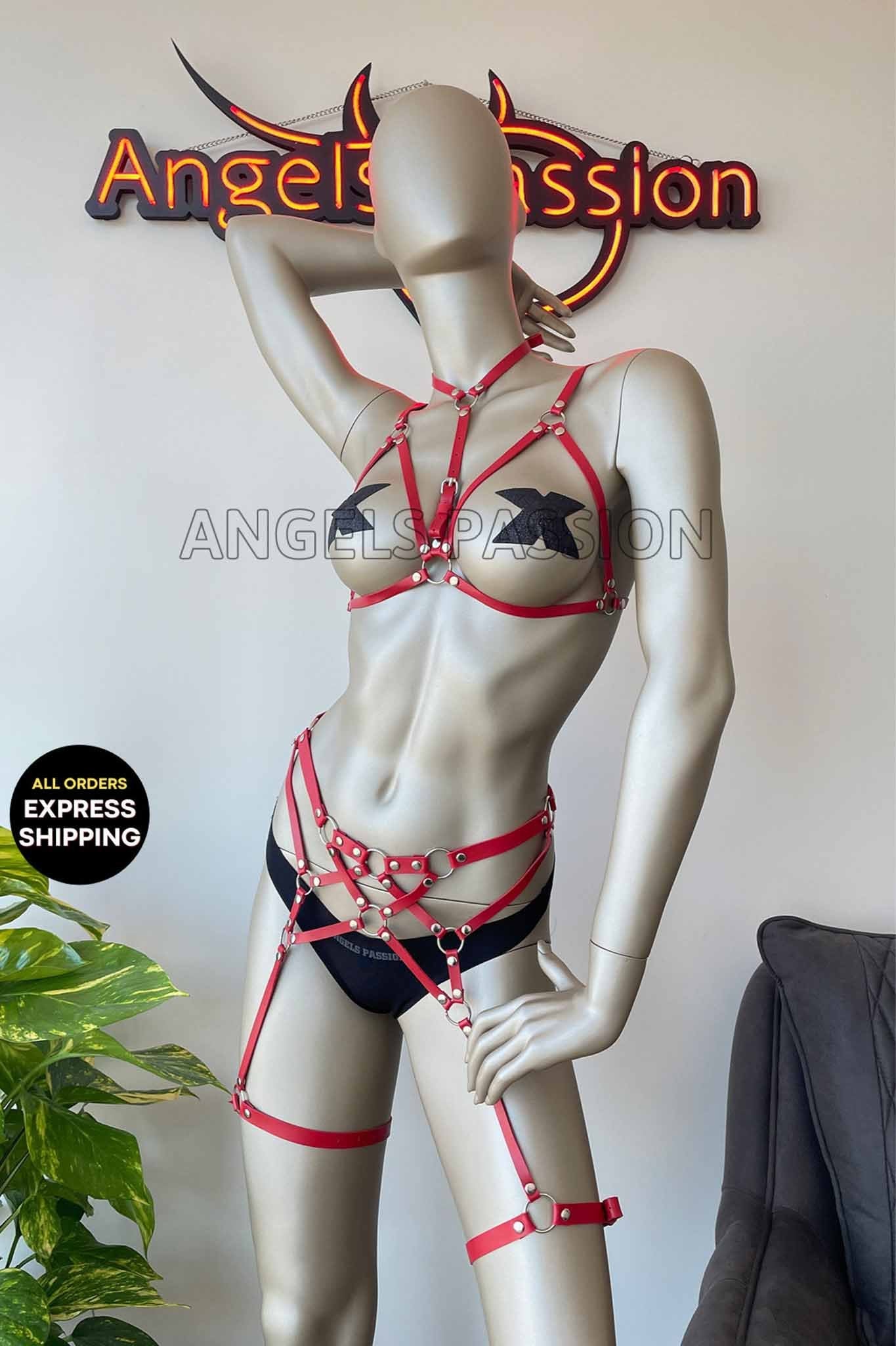 Red & Black Sexy Bondage Harness Lingerie